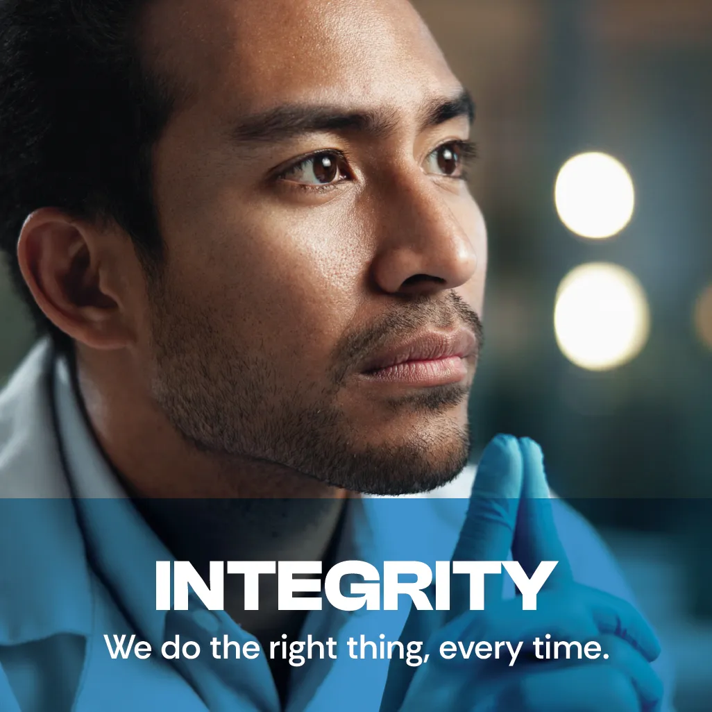 Integrity. We do the right thing, every time. A photo of a middle-aged male scientist conveying trustworthiness. Integrity. We do the right thing, every time. A photo of a middle-aged male scientist conveying trustworthiness.