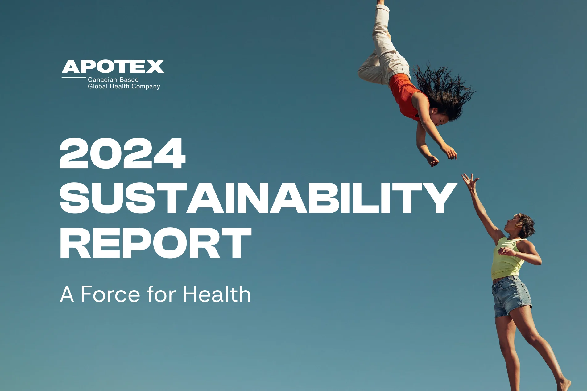 Cover page of the Apotex 2024 Sustainability Report with two women reaching towards each other