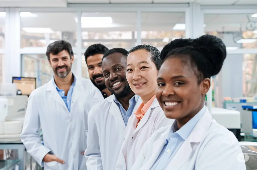A group of five smiling scientists, wearing lab coats, stand in a line in a laboratory.