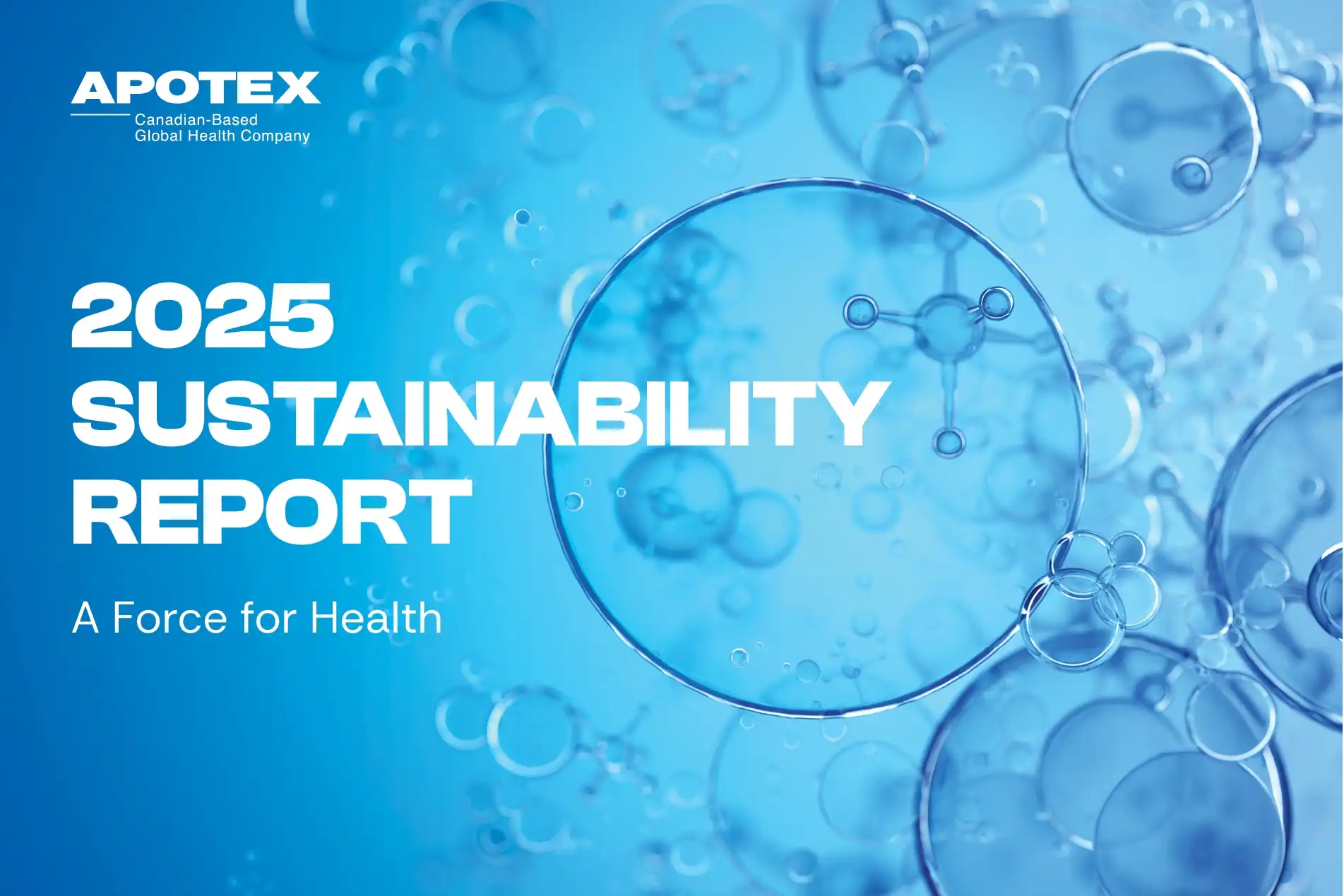 Couverture du Rapport de durabilité 2025 présentant un arrière-plan abstrait bleu avec des formes circulaires translucides et des structures de type moléculaire, représentant l’innovation, la science et le développement durable